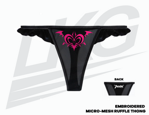 LOWKEY! "SUCCUBAE" MESH RUFFLE THONG - BLACK (EMBROIDERED)